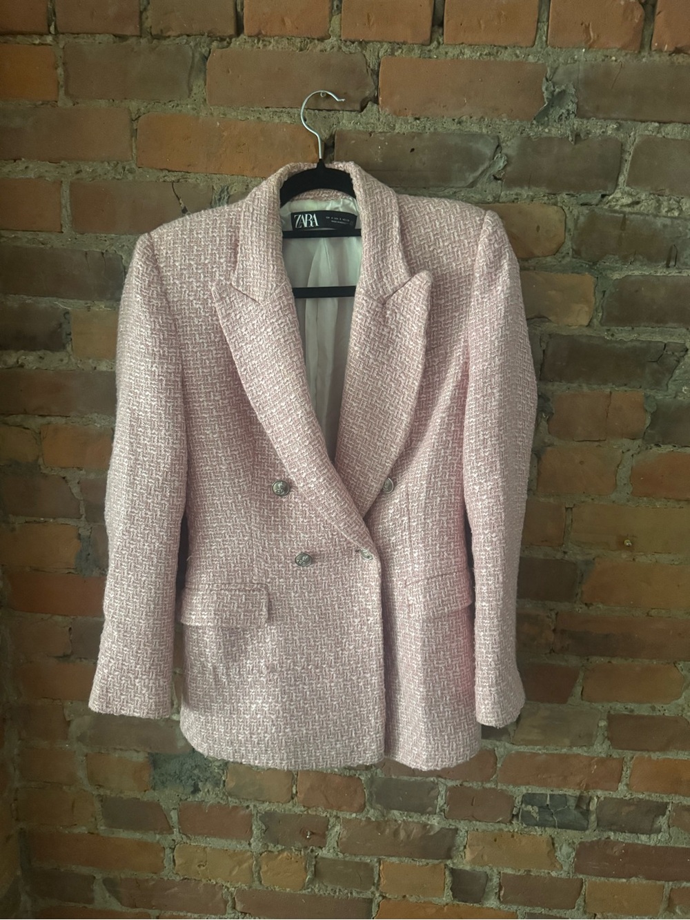 Zara Pink Tweed Double-Breasted Blazer — Size Small